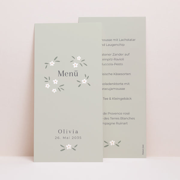 Menükarte Taufe Panoramatisches Porträt Kleine Blumen grün foto