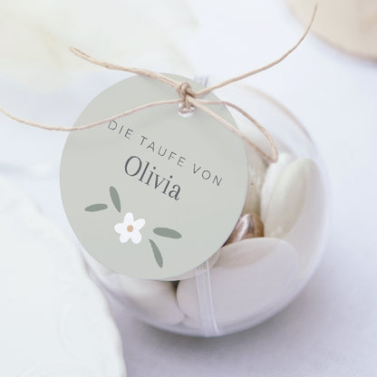 Geschenkbox Taufe Kugel mit runder Etikette Kleine Blumen grün foto N° 1