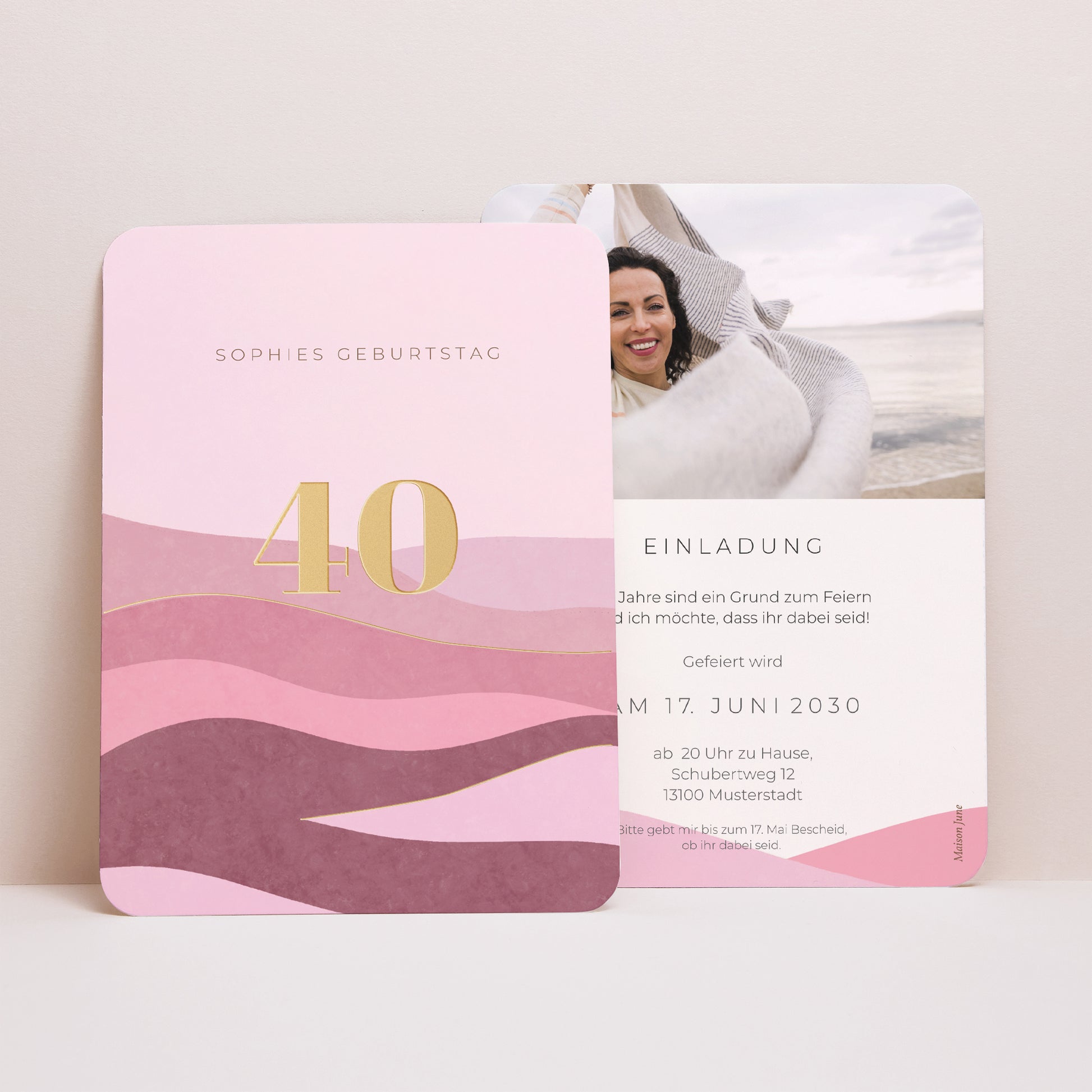 Einladungskarte Geburtstag Porträt, abgerundete Kanten 40 Jahre, Camaïeu rosa foto N° 1