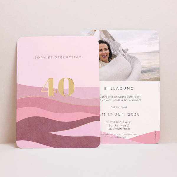 Einladungskarte Geburtstag Porträt, abgerundete Kanten 40 Jahre, Camaïeu rosa foto