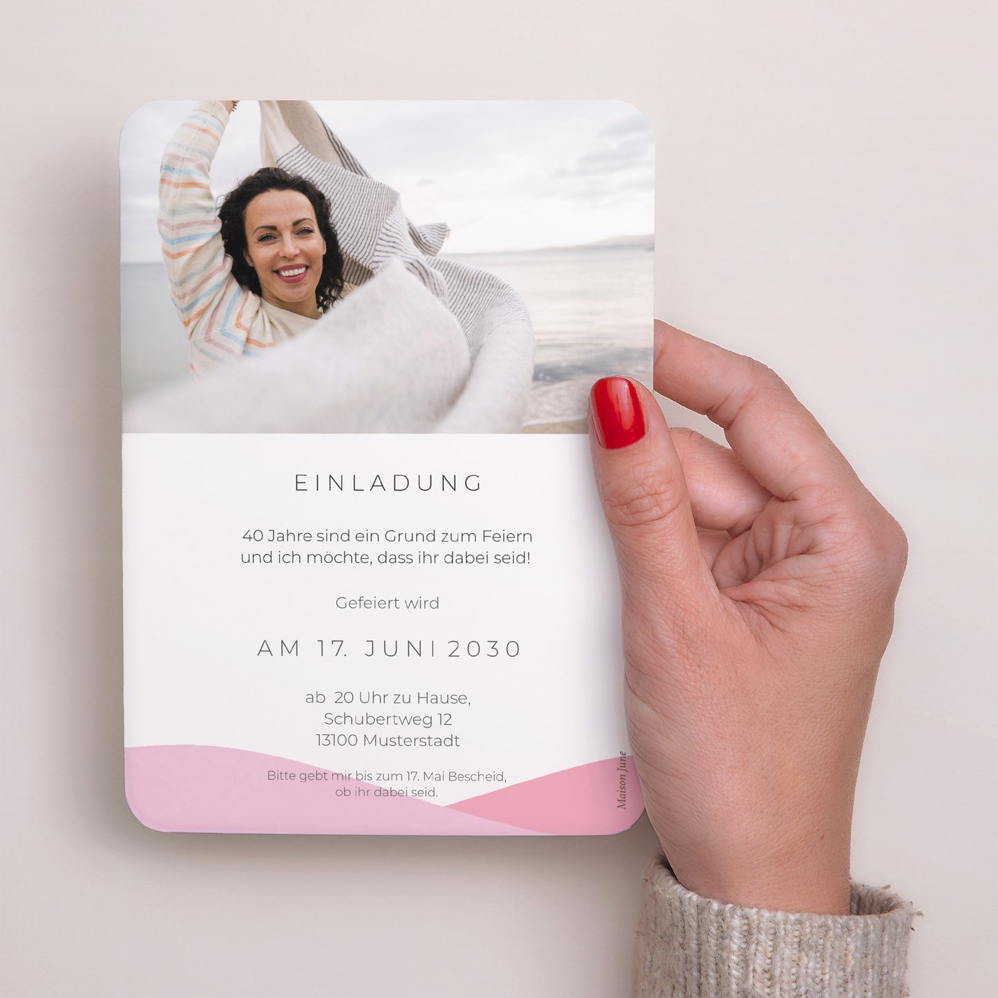 Einladungskarte Geburtstag Porträt, abgerundete Kanten 40 Jahre, Camaïeu rosa foto N° 3