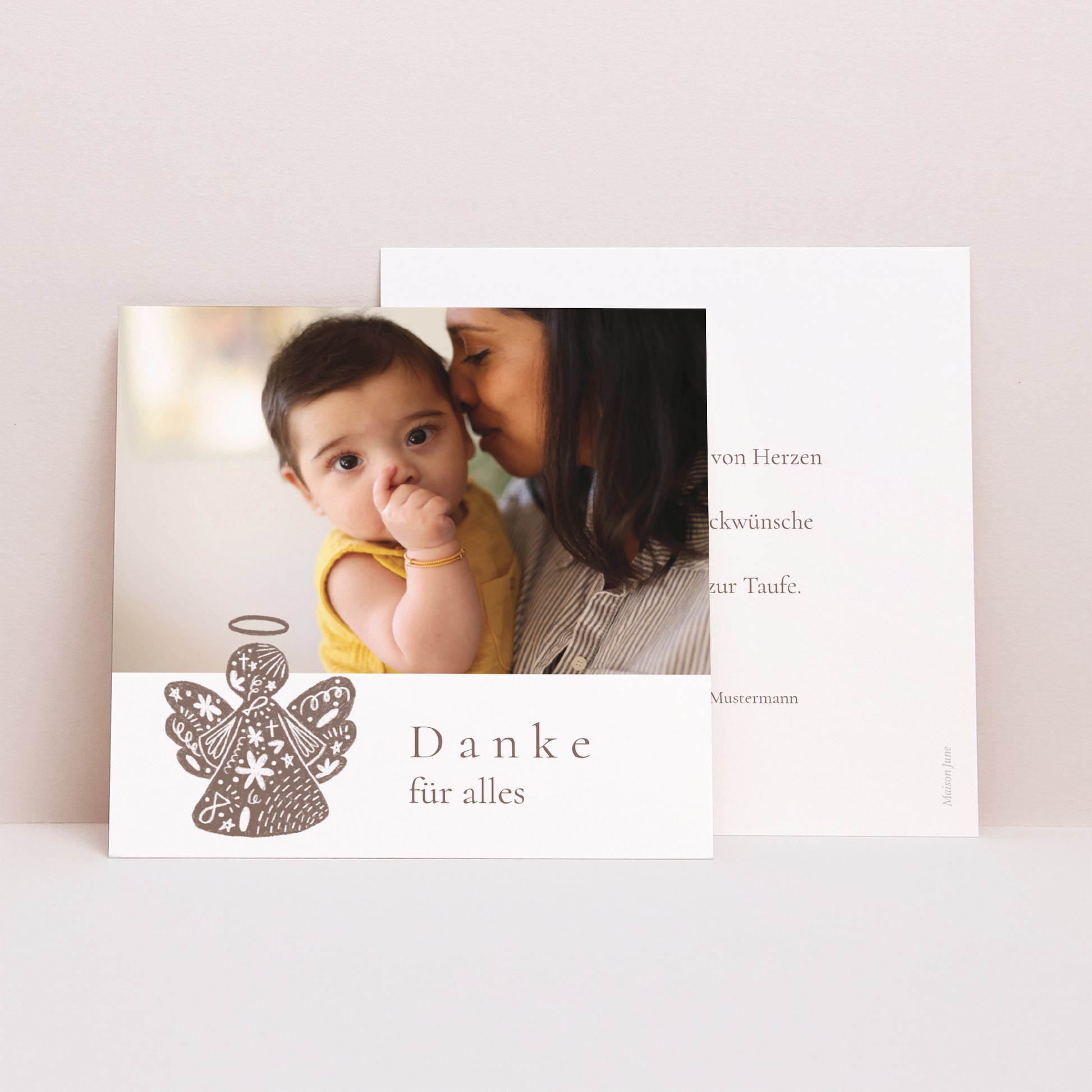 Dankeskarte Taufe Quadrat Angelot und Rosenkranz foto N° 1