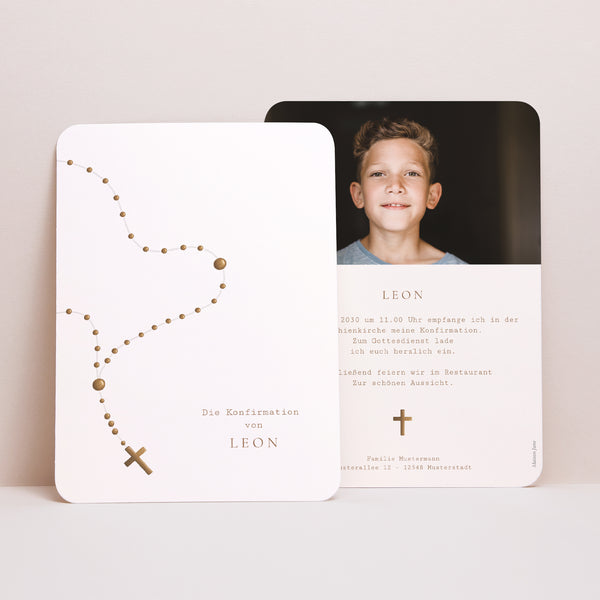 Einladungskarte Konfirmation Porträt, abgerundete Kanten Heiliger Rosenkranz foto