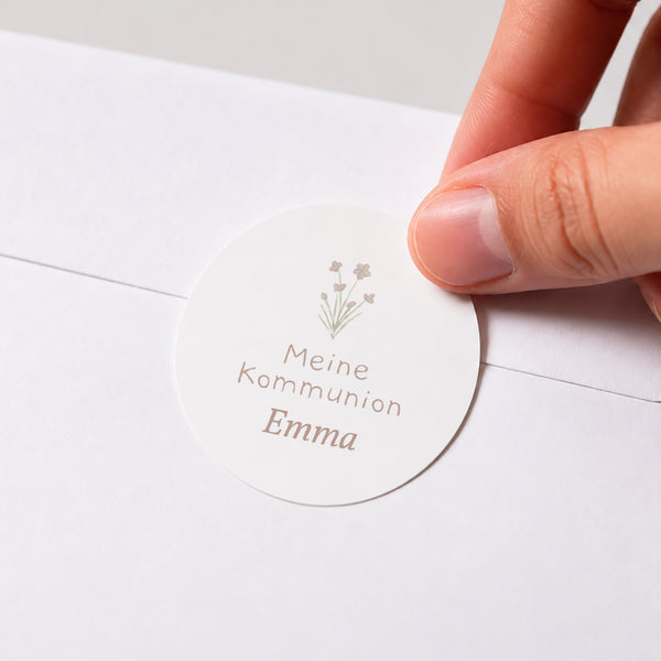 Sticker Kommunion Rund Diadem Weiße Blüten foto