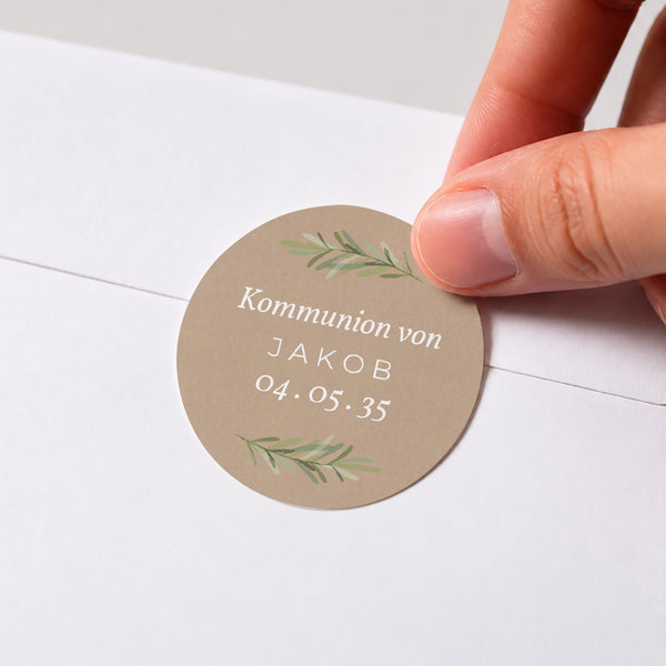 Sticker Kommunion Rund Imitation Kraft & Olivenzweig foto