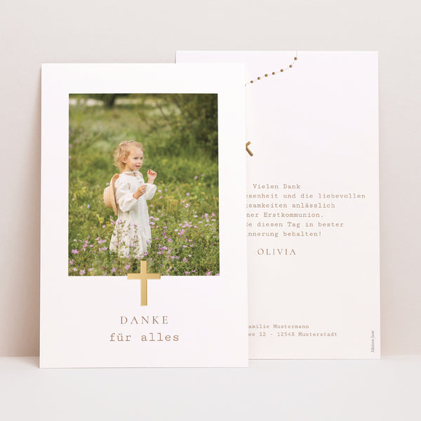 Dankeskarte Konfirmation PortraitPorträt Goldener Rosenkranz foto