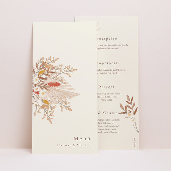 Menükarte Hochzeit Panoramatisches Porträt Böhmischer Blumenstrauß foto