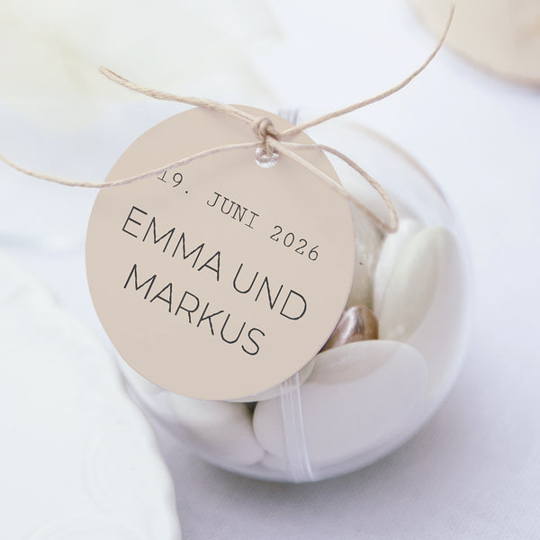 Geschenkbox Hochzeit Kugel mit runder Etikette Die Reise eines Lebens foto