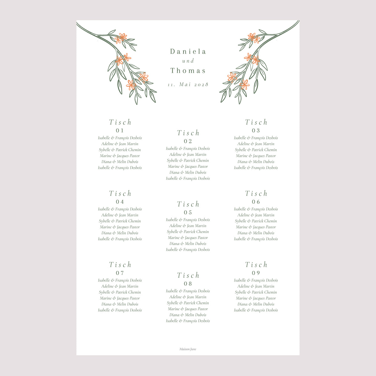 Sitzplan Hochzeit Porträt 60 x 90 cm Pflanzenrahmen II foto N° 2