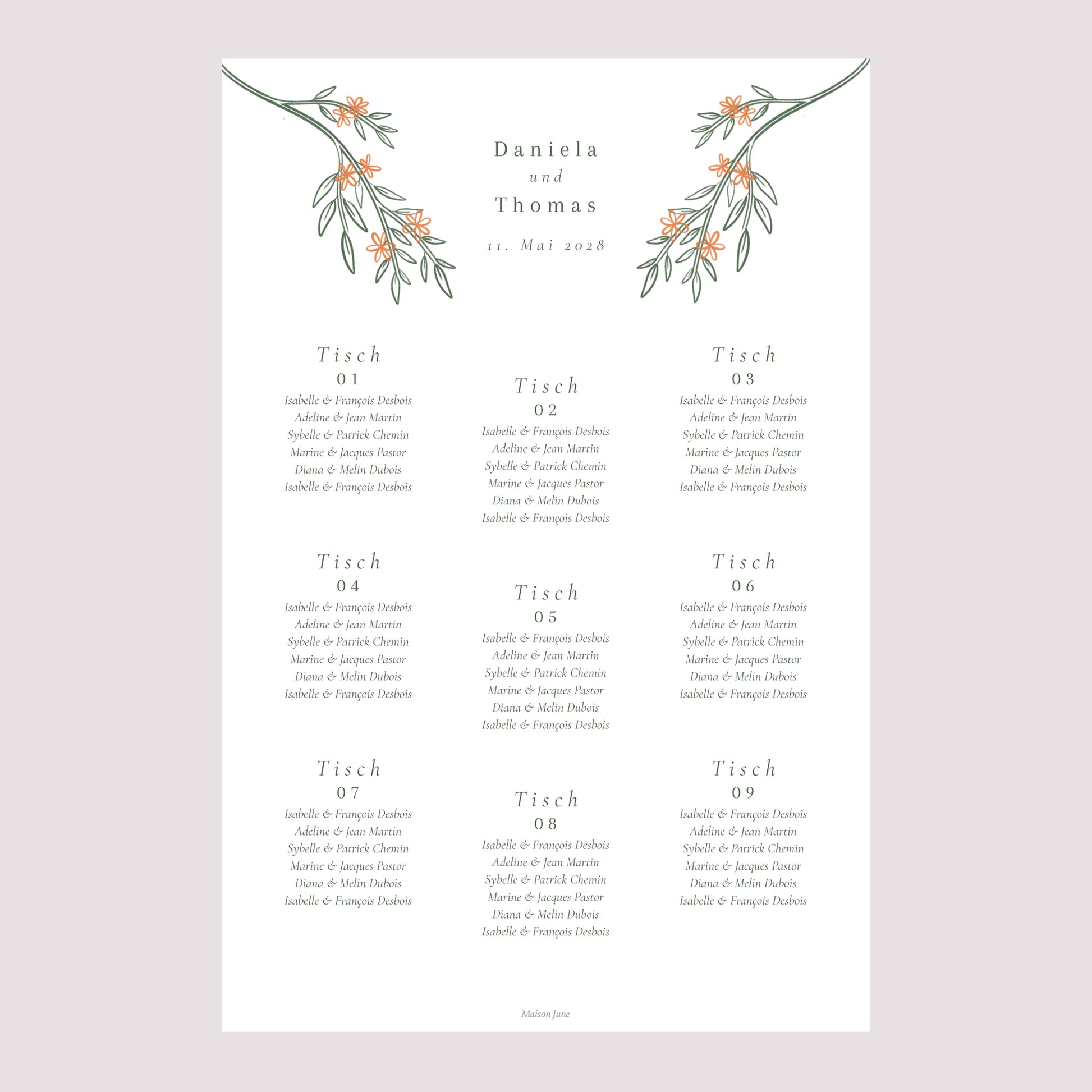 Sitzplan Hochzeit Porträt 60 x 90 cm Pflanzenrahmen II foto N° 2