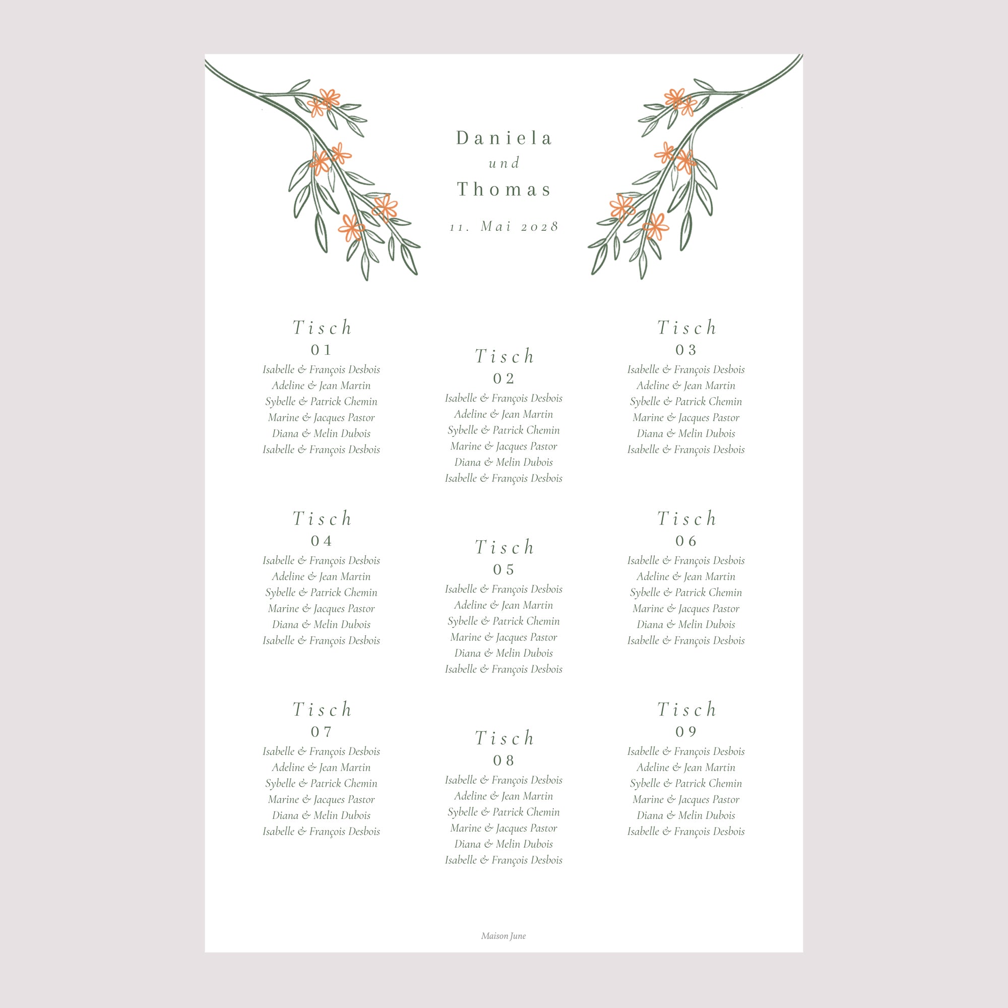 Sitzplan Hochzeit Porträt 60 x 90 cm Pflanzenrahmen II foto N° 2