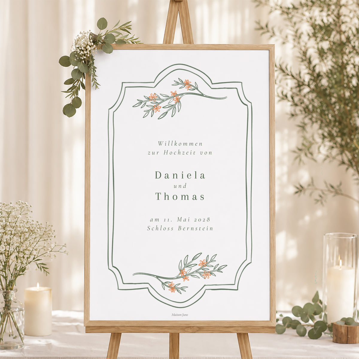 Begrüßungstafel Hochzeit Porträt 60 x 90 cm Pflanzenrahmen II foto N° 1