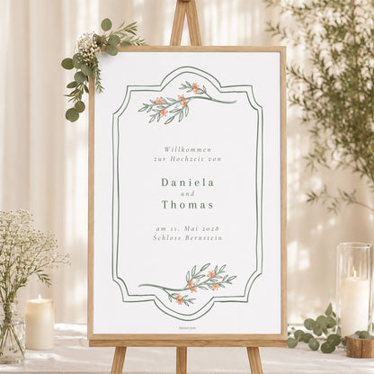 Begrüßungstafel Hochzeit Porträt 60 x 90 cm Pflanzenrahmen II foto N° 1