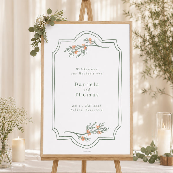 Begrüßungstafel Hochzeit Porträt 60 x 90 cm Pflanzenrahmen II foto