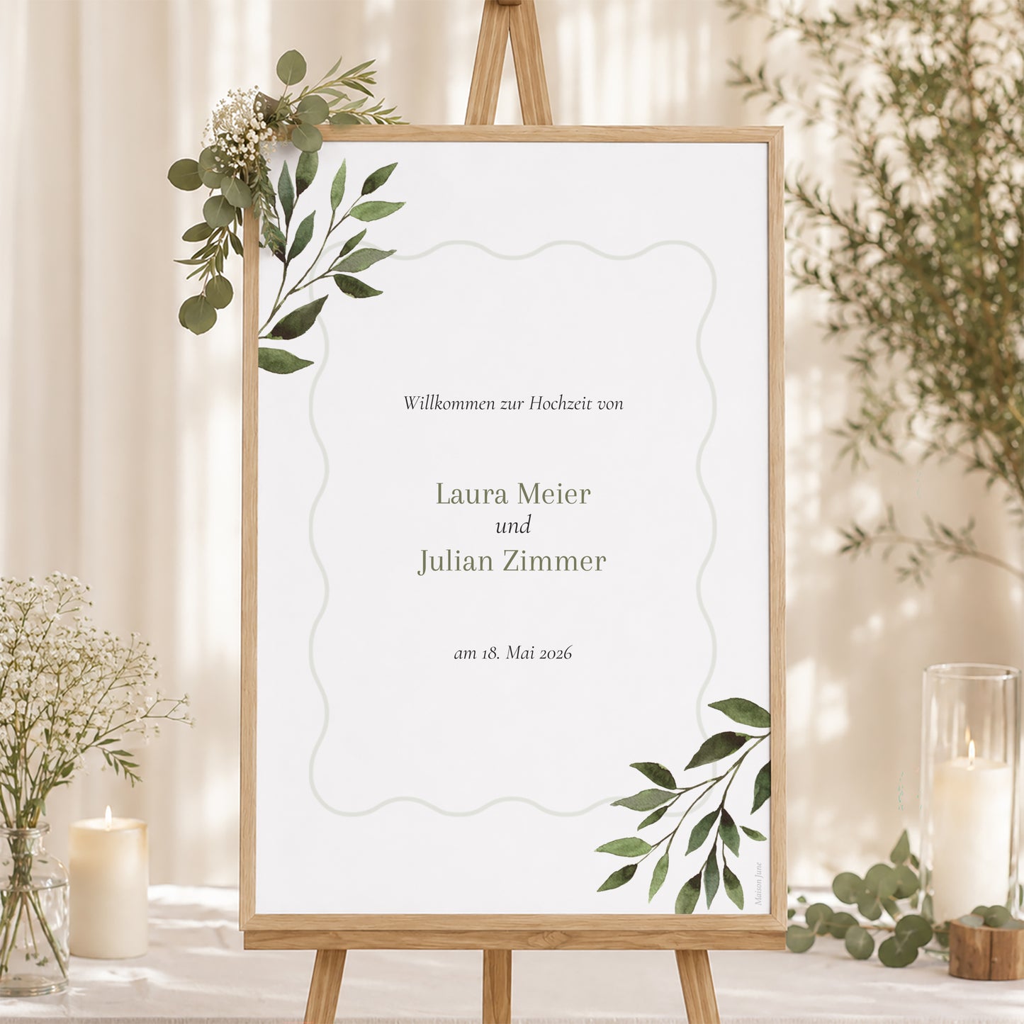 Begrüßungstafel Hochzeit Porträt 60 x 90 cm Pflanzliche Wellenbewegung foto N° 1