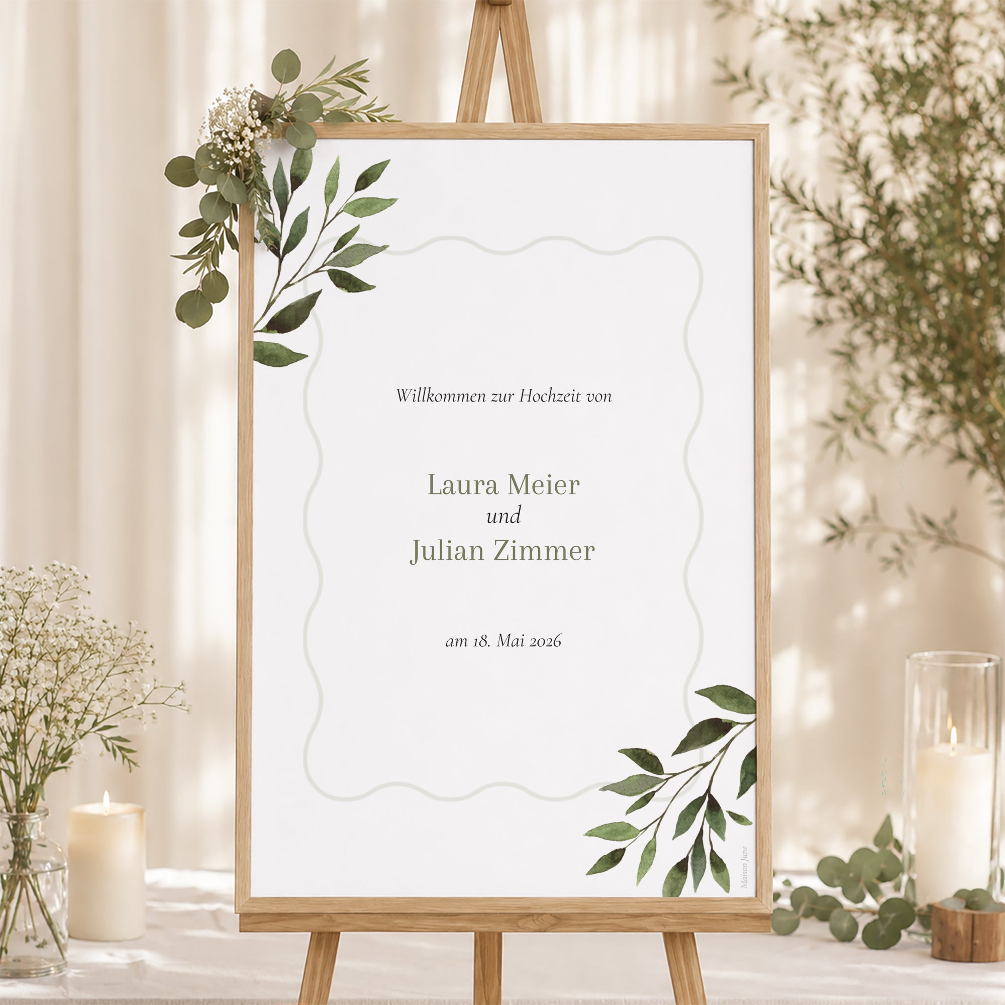 Begrüßungstafel Hochzeit Porträt 60 x 90 cm Pflanzliche Wellenbewegung foto N° 1