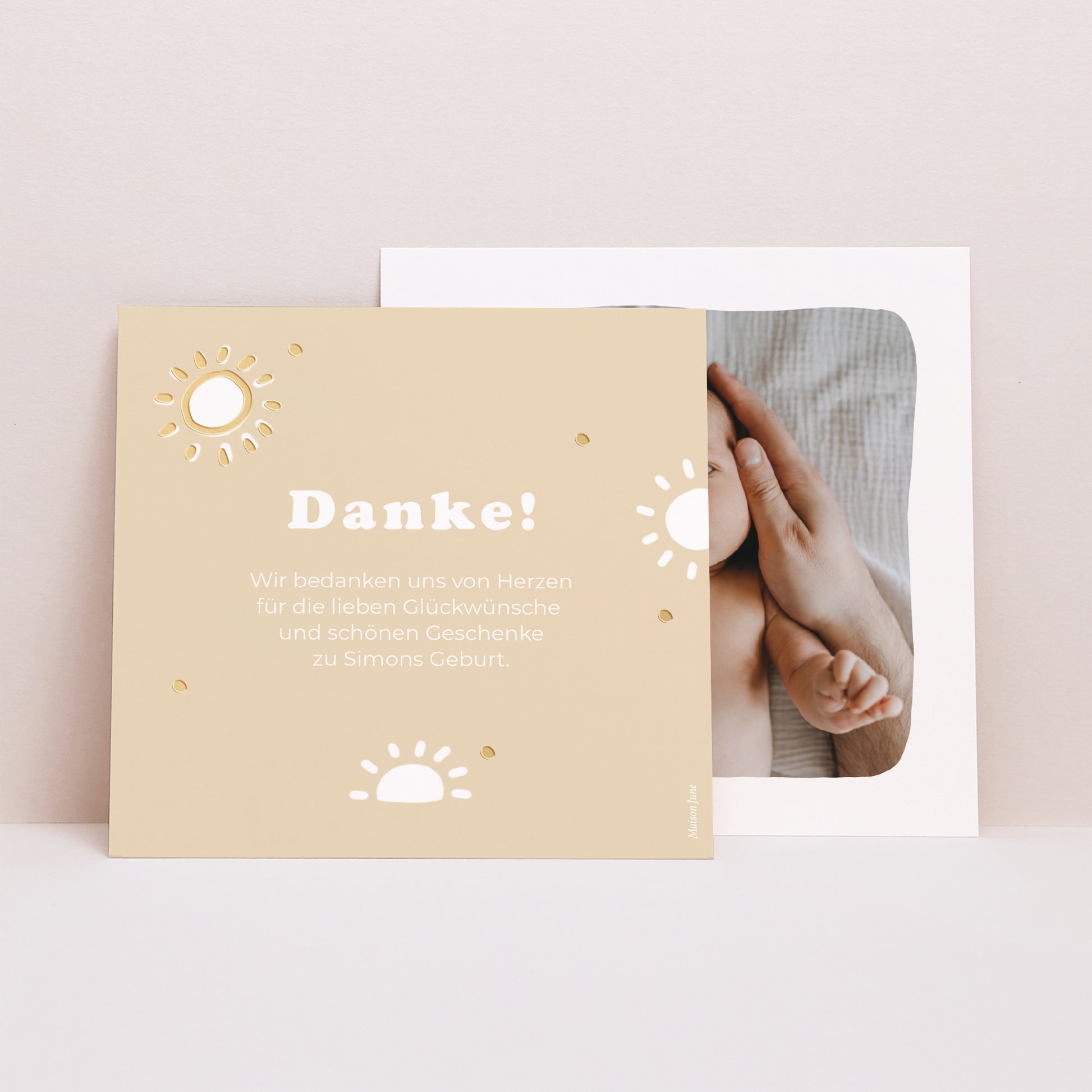 Dankeskarte Geburt Quadrat Sonnenmotiv Vergoldung foto N° 1