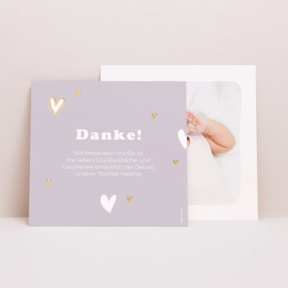 Dankeskarte Geburt Quadrat Motiv Herzvergoldung foto N° 1