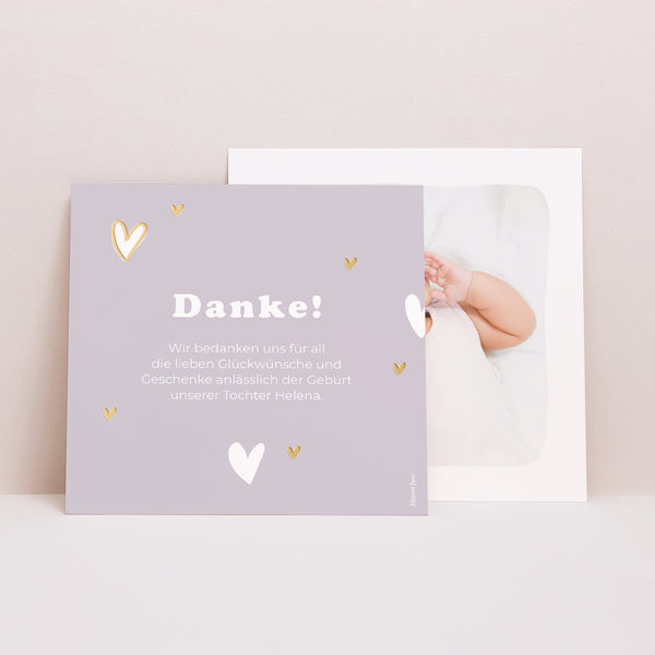 Dankeskarte Geburt Quadrat Motiv Herzvergoldung foto