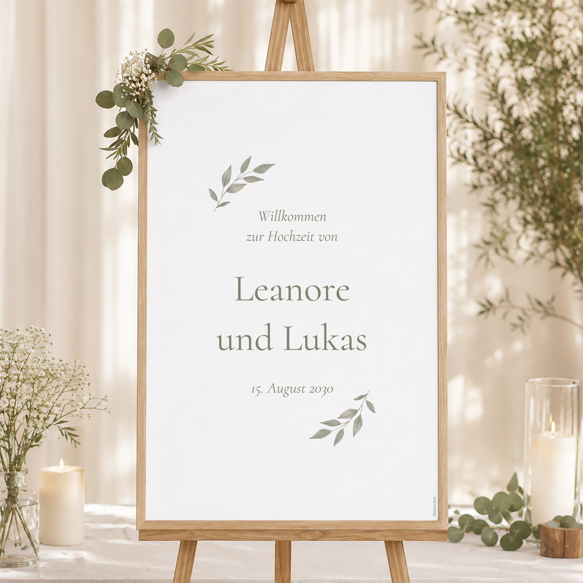 Begrüßungstafel Hochzeit Porträt 60 x 90 cm Goldene Pflanzenkrone foto N° 1