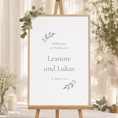 Begrüßungstafel Hochzeit Porträt 60 x 90 cm Goldene Pflanzenkrone foto N° 1