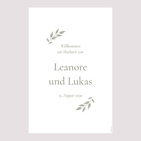 Begrüßungstafel Hochzeit Porträt 60 x 90 cm Goldene Pflanzenkrone