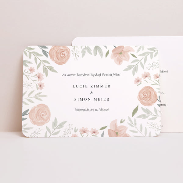 Hochzeitseinladung Landschaft, abgerundete Ränder Floral eingerahmt foto