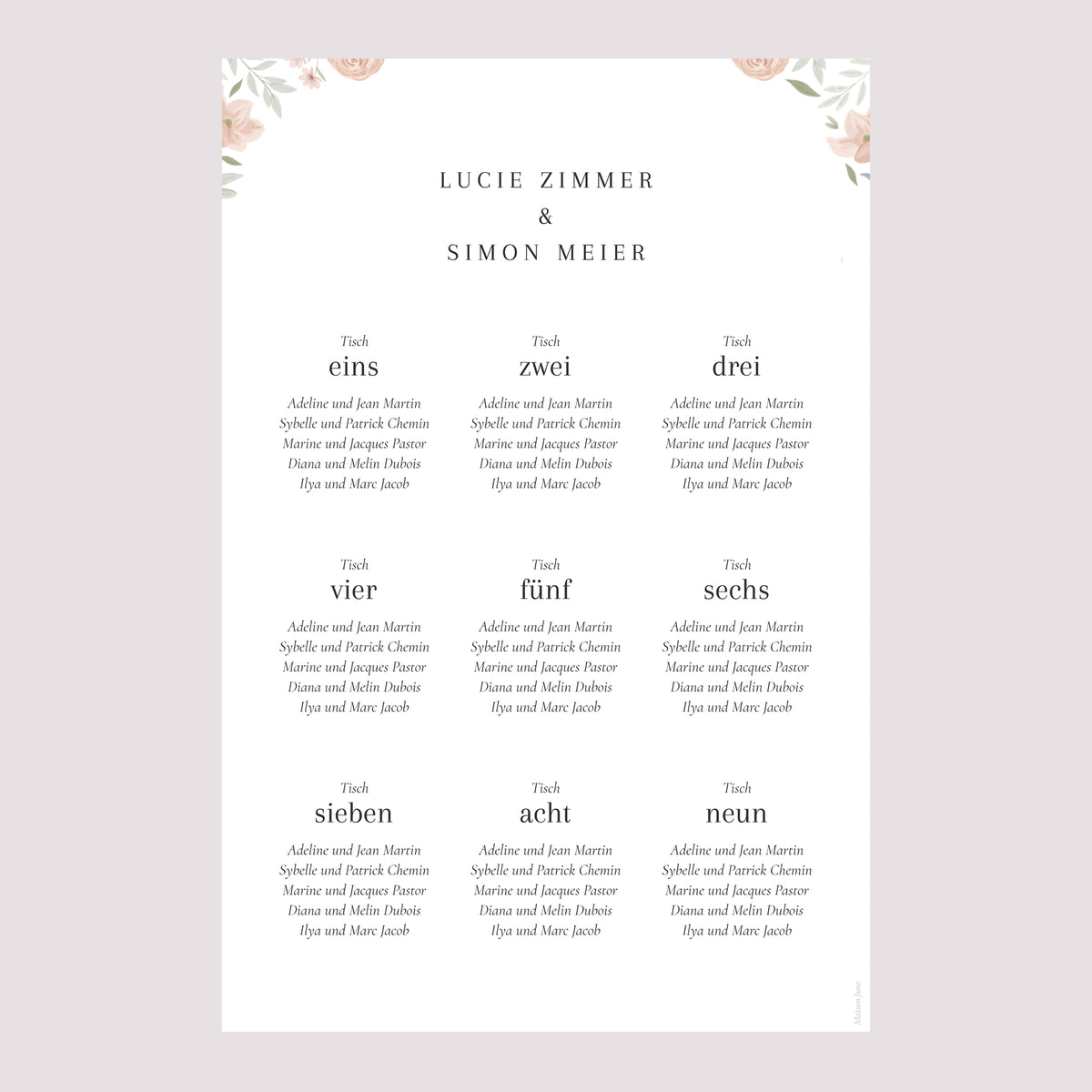 Sitzplan Hochzeit Porträt Floral eingerahmt foto N° 2