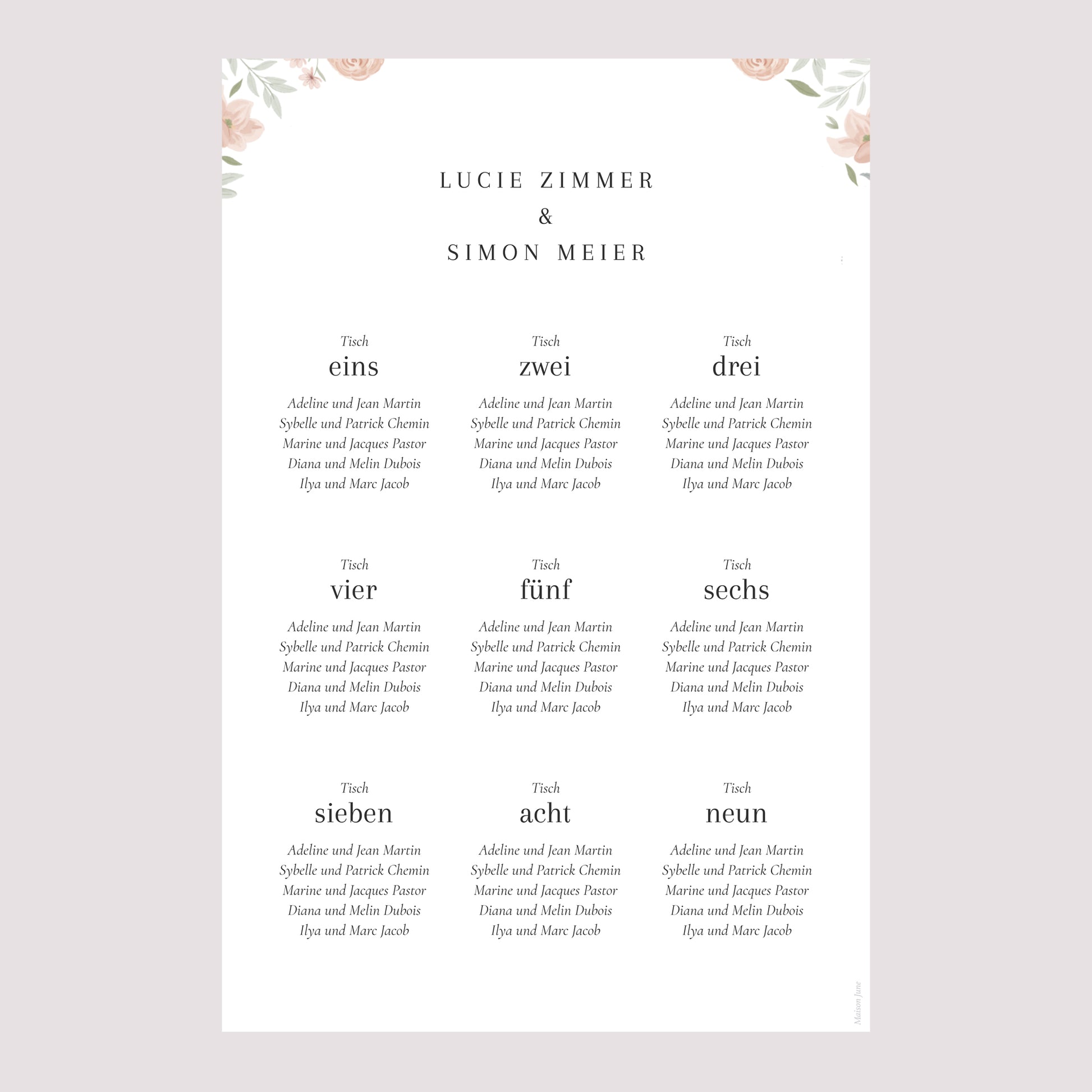 Sitzplan Hochzeit Porträt Floral eingerahmt foto N° 2
