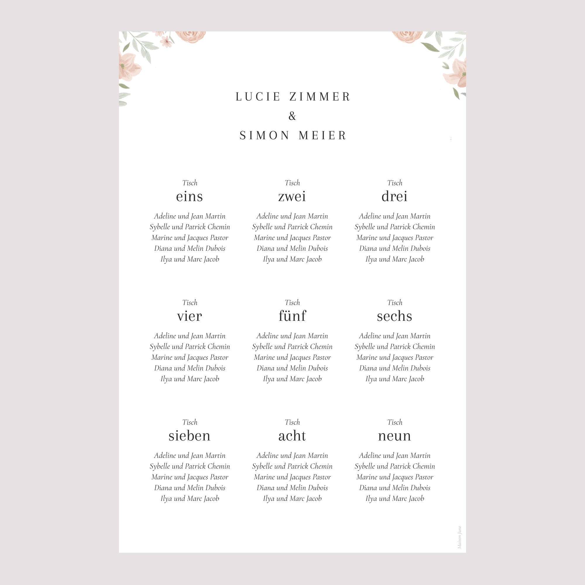 Sitzplan Hochzeit Porträt Floral eingerahmt foto N° 2