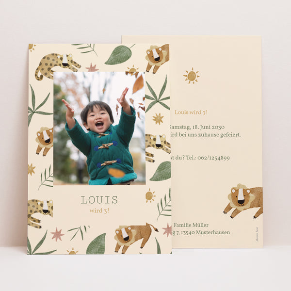 Einladungskarte Kindergeburtstag PortraitPorträt Tiere der Savanne foto