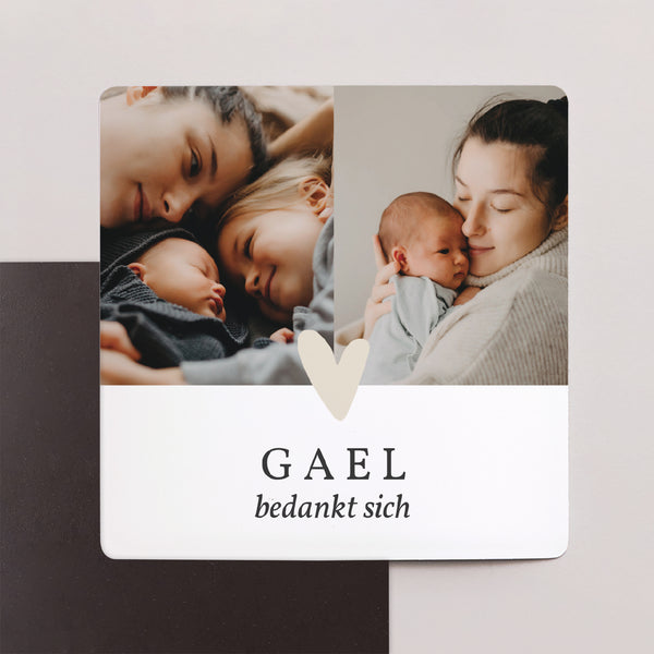 Dankeskarte Geburt Satz von 9, magnetisch. Herz Goldverzierung Mehrfachfotos foto