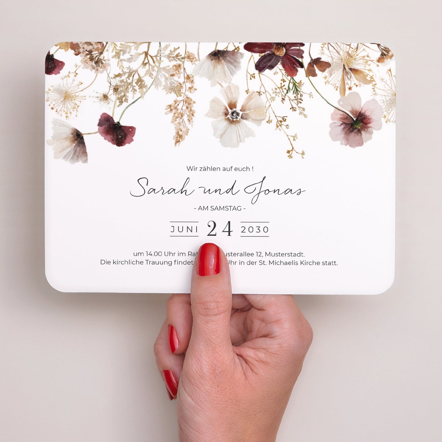 Hochzeitseinladung Landschaft, abgerundete Ränder getrocknete Wiesenblumen foto N° 2