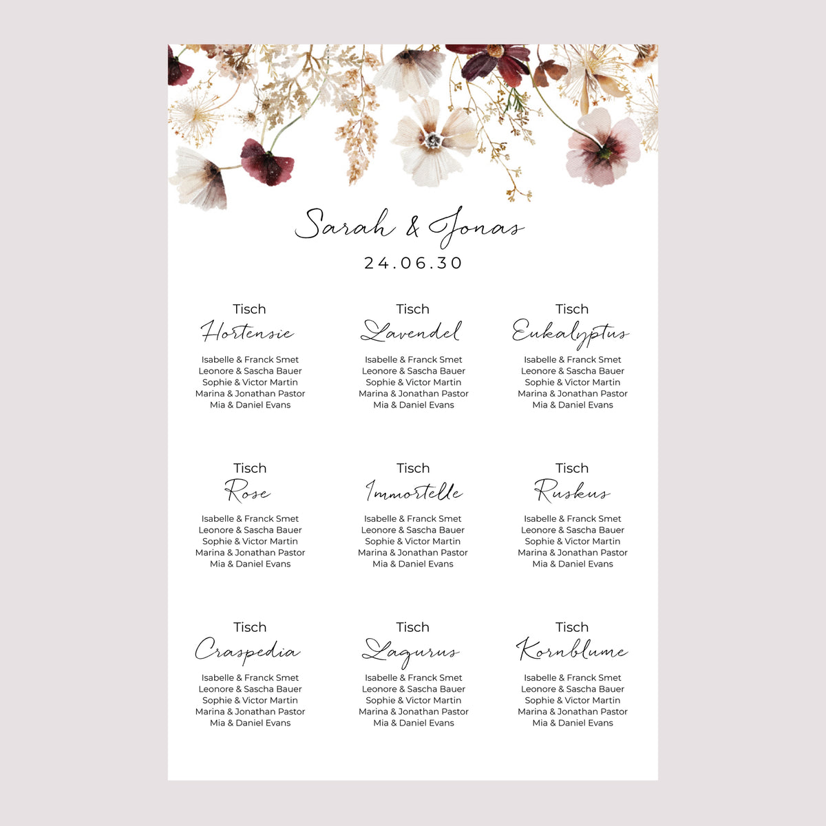 Sitzplan Hochzeit Porträt getrocknete Wiesenblumen foto N° 2
