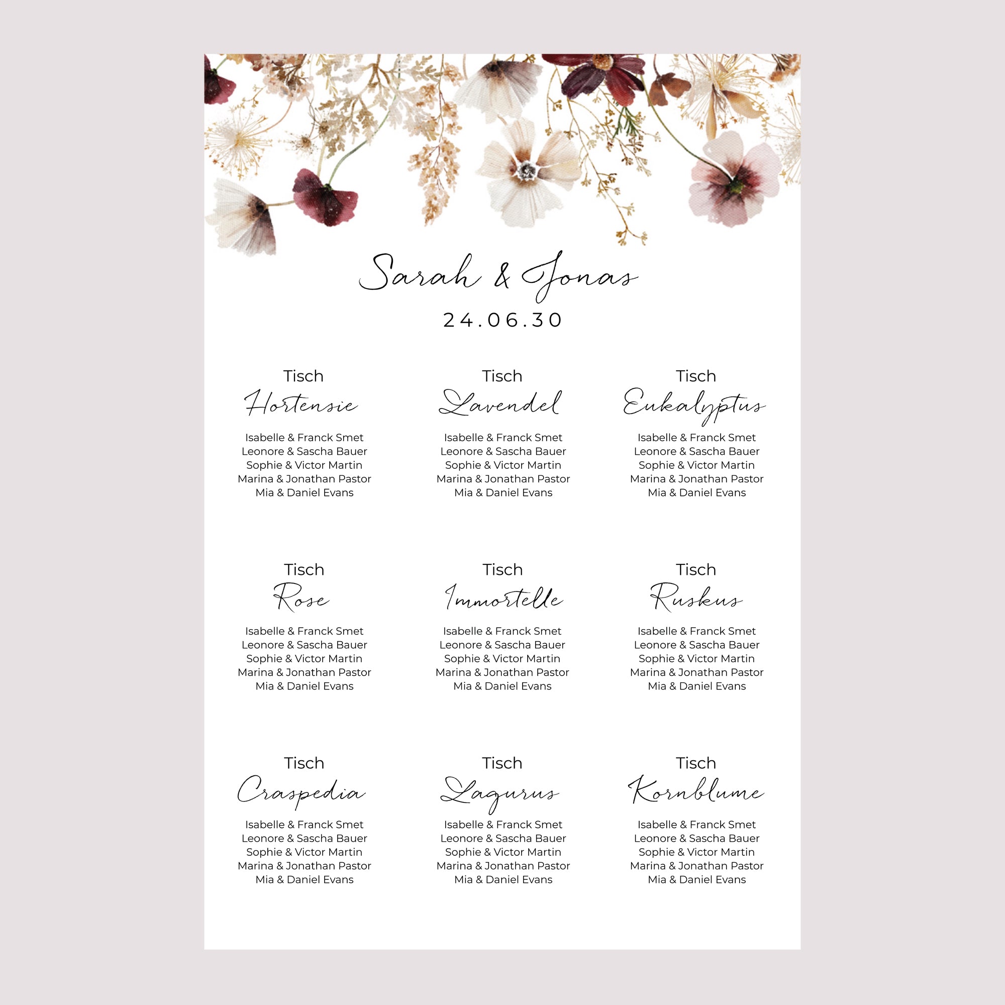 Sitzplan Hochzeit Porträt getrocknete Wiesenblumen foto N° 2