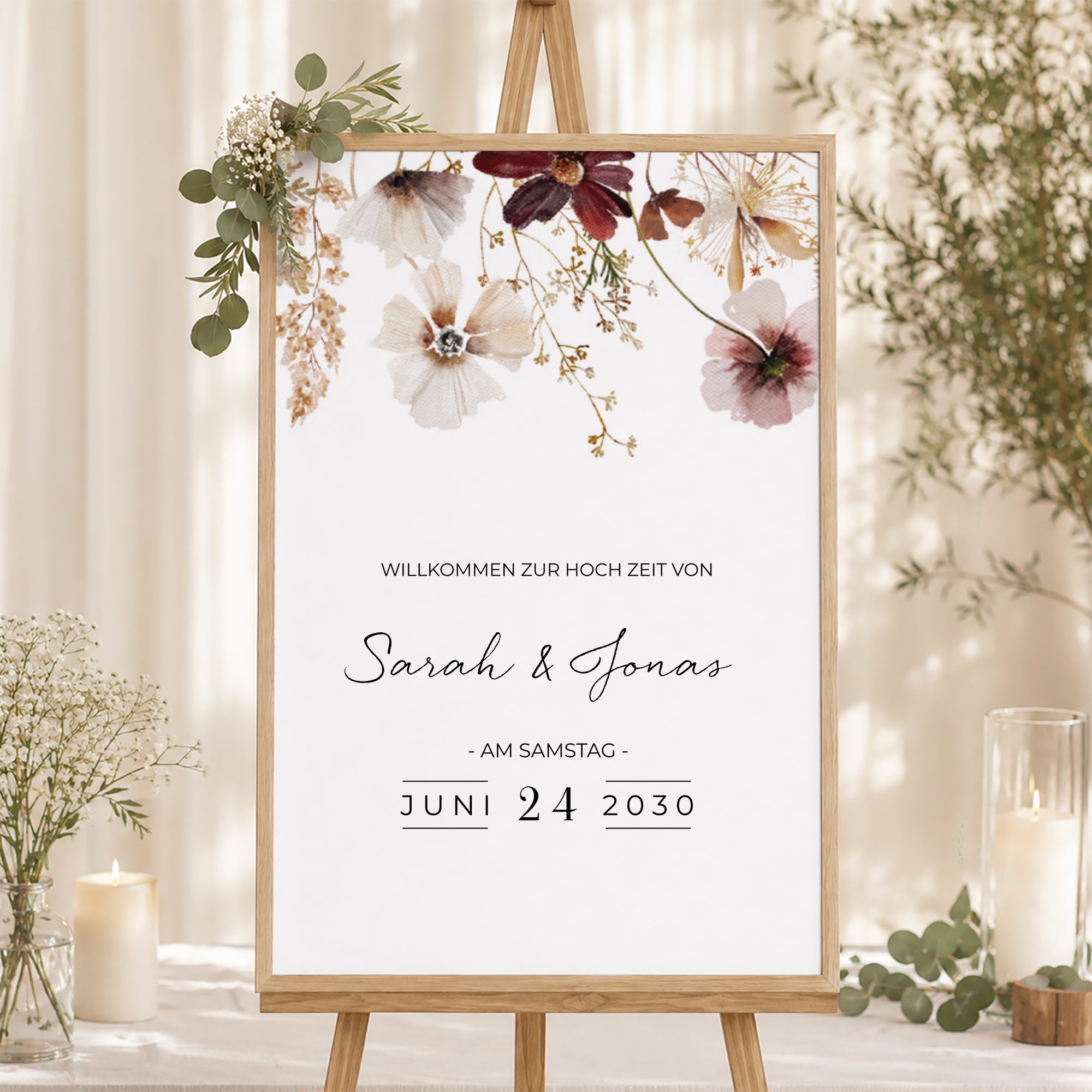 Begrüßungstafel Hochzeit Porträt 60 x 90 cm getrocknete Wiesenblumen foto N° 1
