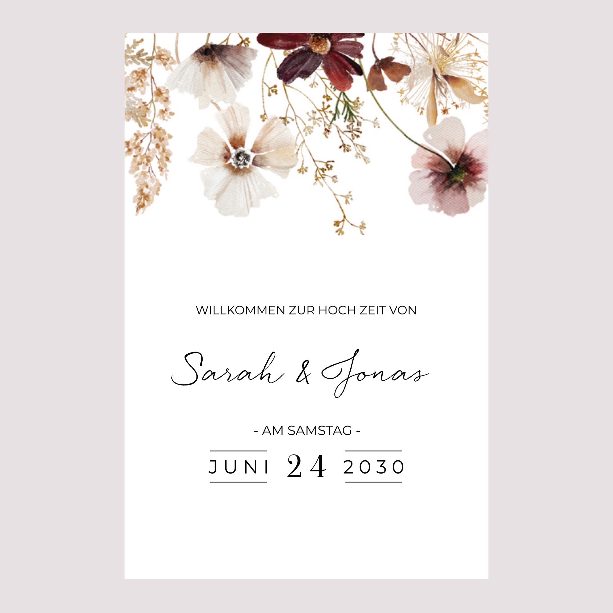 Begrüßungstafel Hochzeit Porträt 60 x 90 cm getrocknete Wiesenblumen foto N° 2