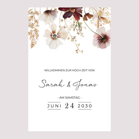 Begrüßungstafel Hochzeit Porträt 60 x 90 cm getrocknete Wiesenblumen