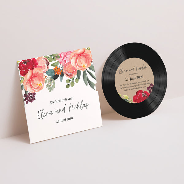 Hochzeitseinladung Schallplattenhülle Pops Blumen foto