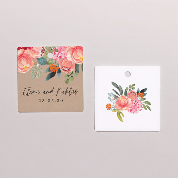 Vorgelochtes Etikett Hochzeit quadratisch Pops Blumen foto