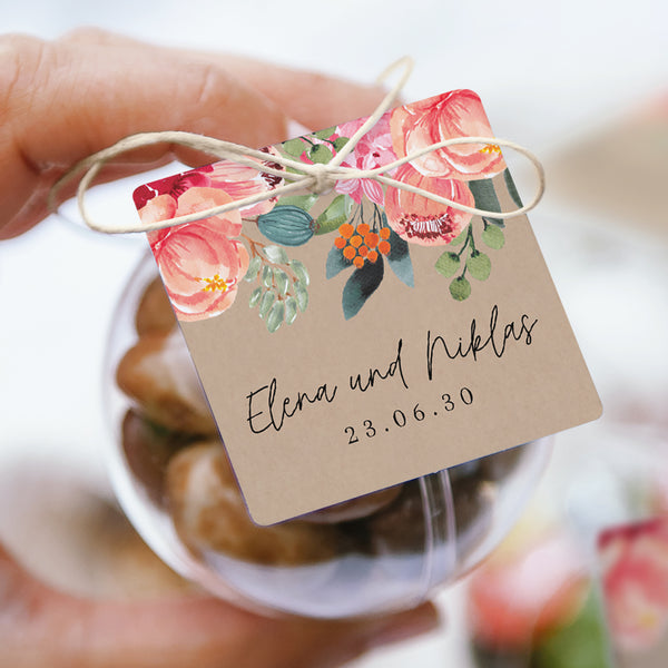 Geschenkbox Hochzeit Kugel mit quadratischem Etikett Pops Blumen foto