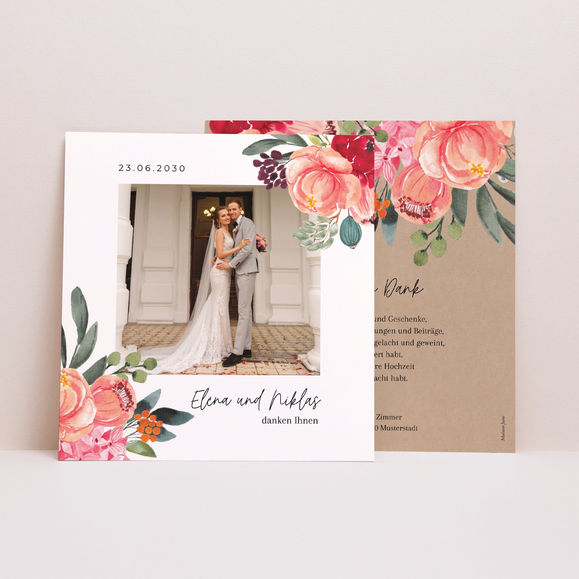 Dankeskarte Hochzeit Quadrat Pops Blumen foto N° 1