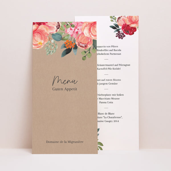 Menükarte Hochzeit Panoramatisches Porträt Pops Blumen foto