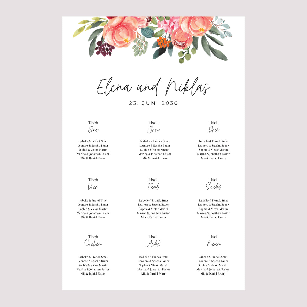 Sitzplan Hochzeit Porträt 60 x 90 cm Pops Blumen foto N° 2