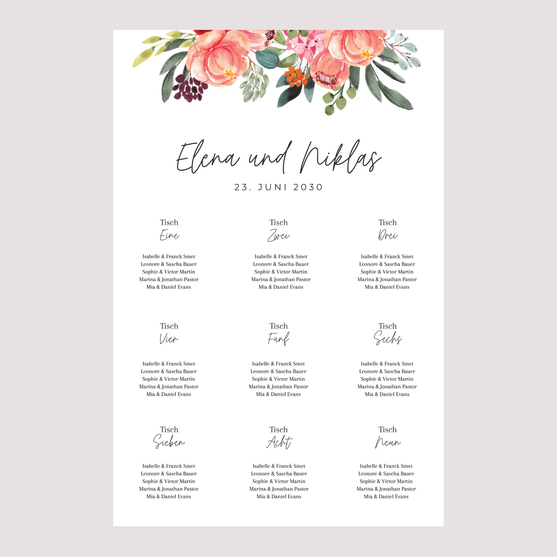 Sitzplan Hochzeit Porträt 60 x 90 cm Pops Blumen foto N° 2