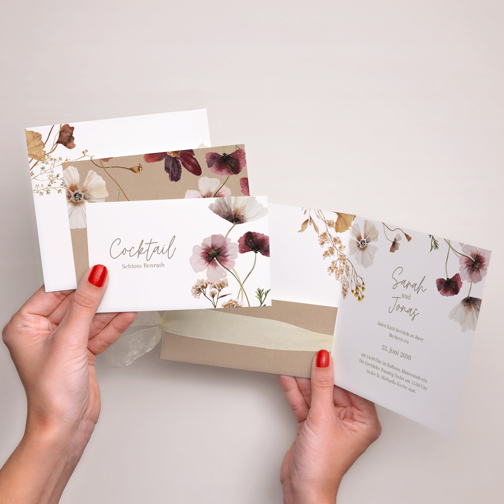 Hochzeitseinladung Quadratische Hülle, 3 Karten, Etikett Getrocknete Wiesenblumen II foto N° 2