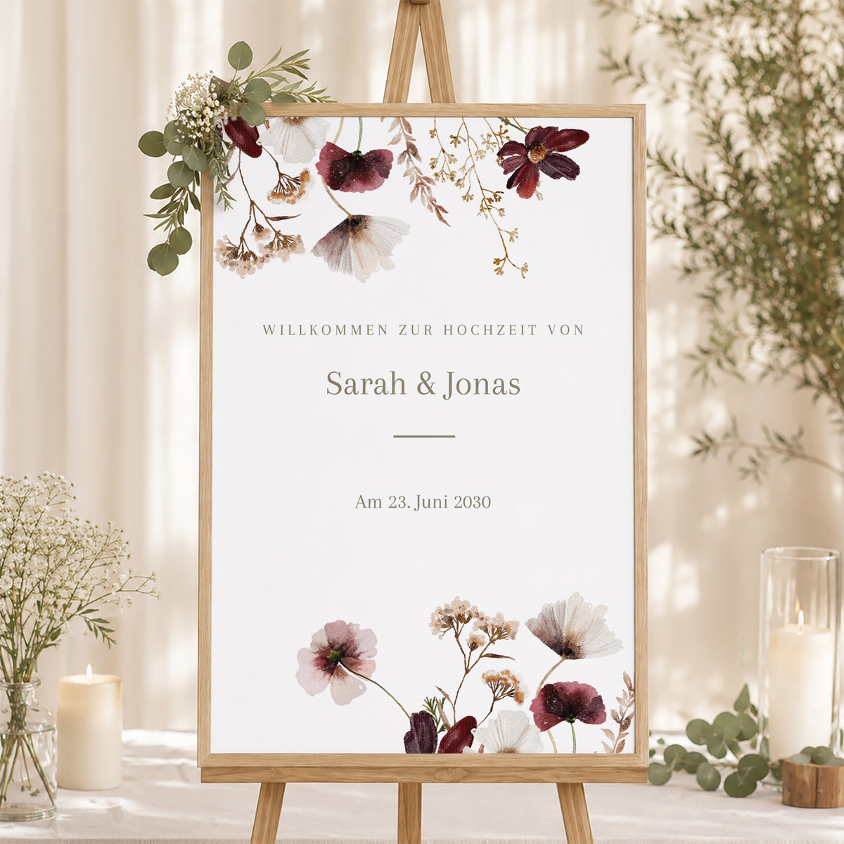 Begrüßungstafel Hochzeit Porträt 60 x 90 cm Getrocknete Wiesenblumen II foto N° 1
