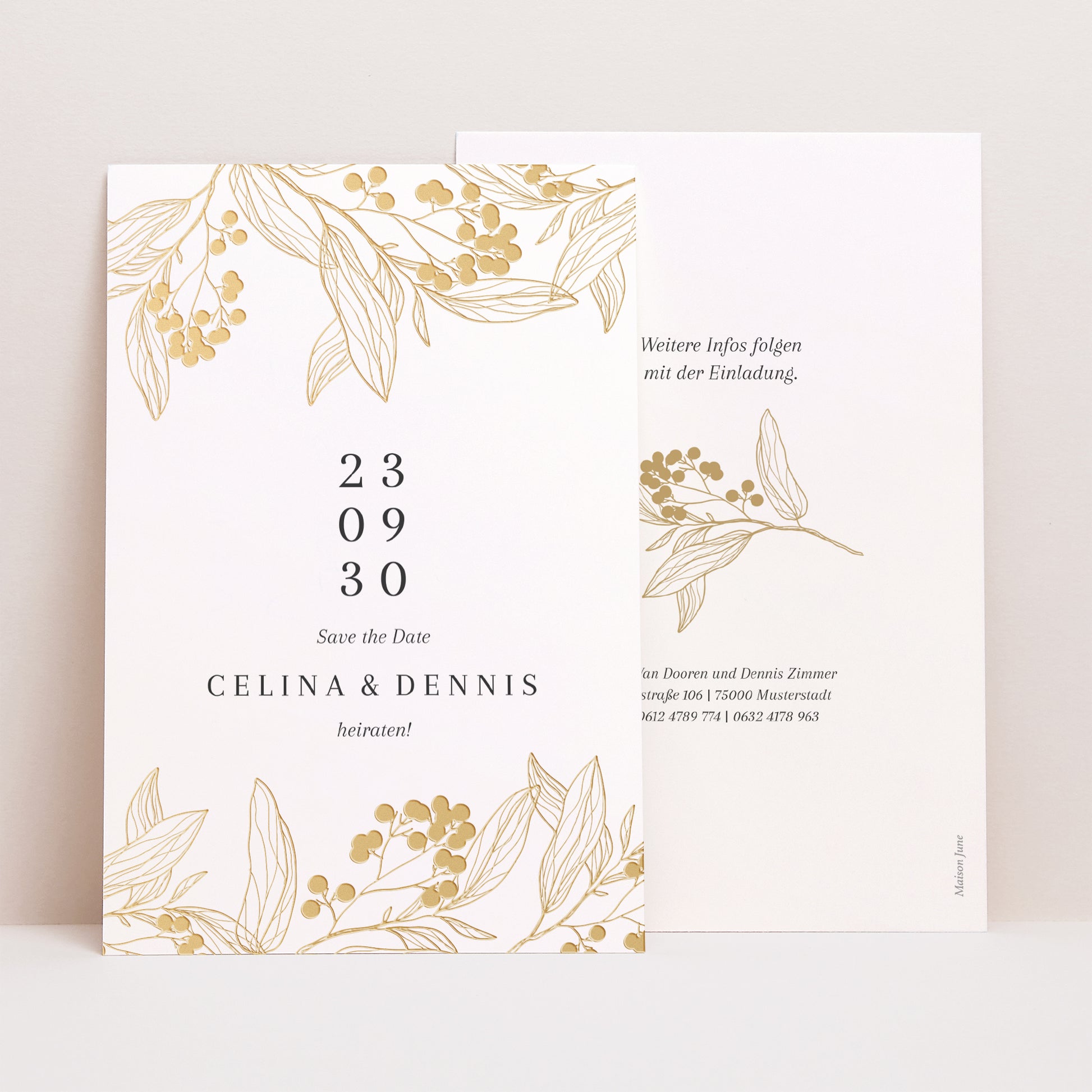 Save the date Karte Hochzeit PortraitPorträt Goldene Blumenmuster foto N° 1