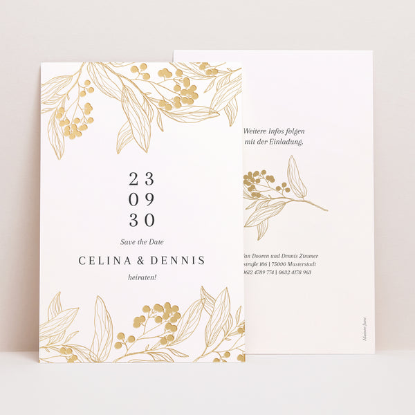 Save the date Karte Hochzeit PortraitPorträt Goldene Blumenmuster foto