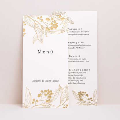 Menükarte Hochzeit Panoramatisches Porträt Goldene Blumenmuster foto N° 1